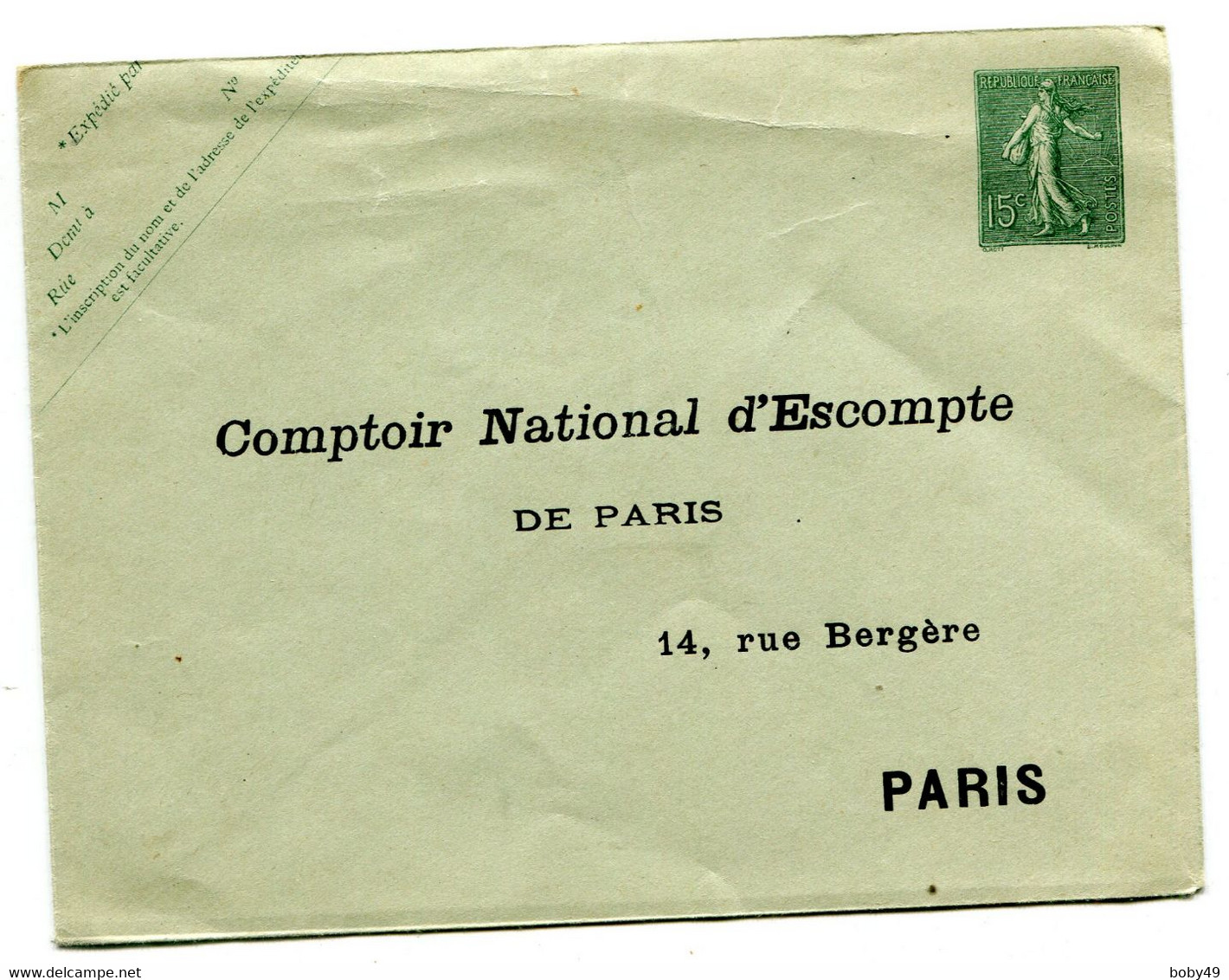 Env. Neuve Semeuse à 15 C Repiquée COMPTOIR NATIONAL D ESCOMPTE PARIS - Bigewerkte Envelop  (voor 1995)