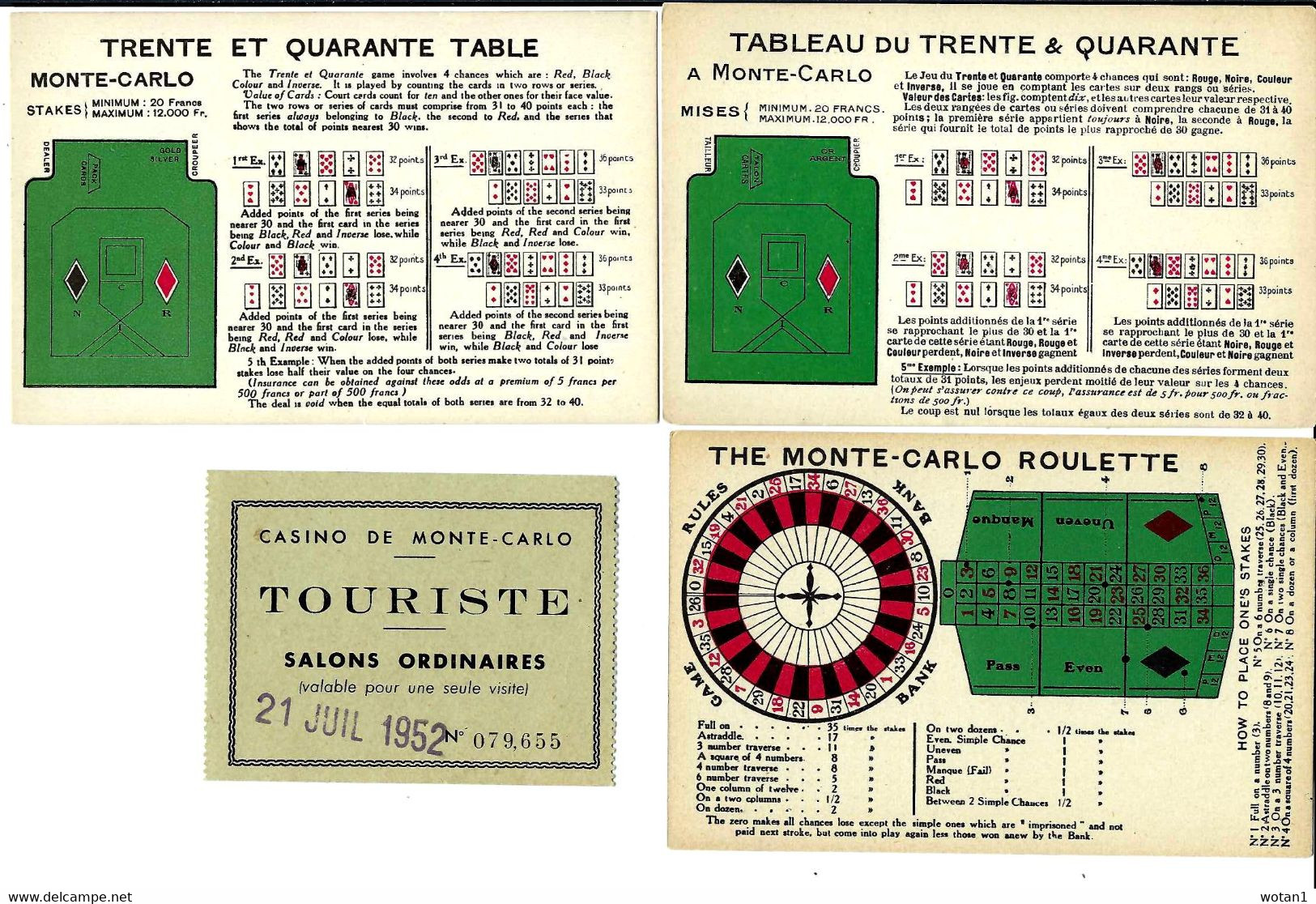 3 C.P. "Trente Et Quarante" Et "Roulette" Du Casino De MONTE-CARLO + Ticket "TOURISTE" Salons Ordinaires - Casino