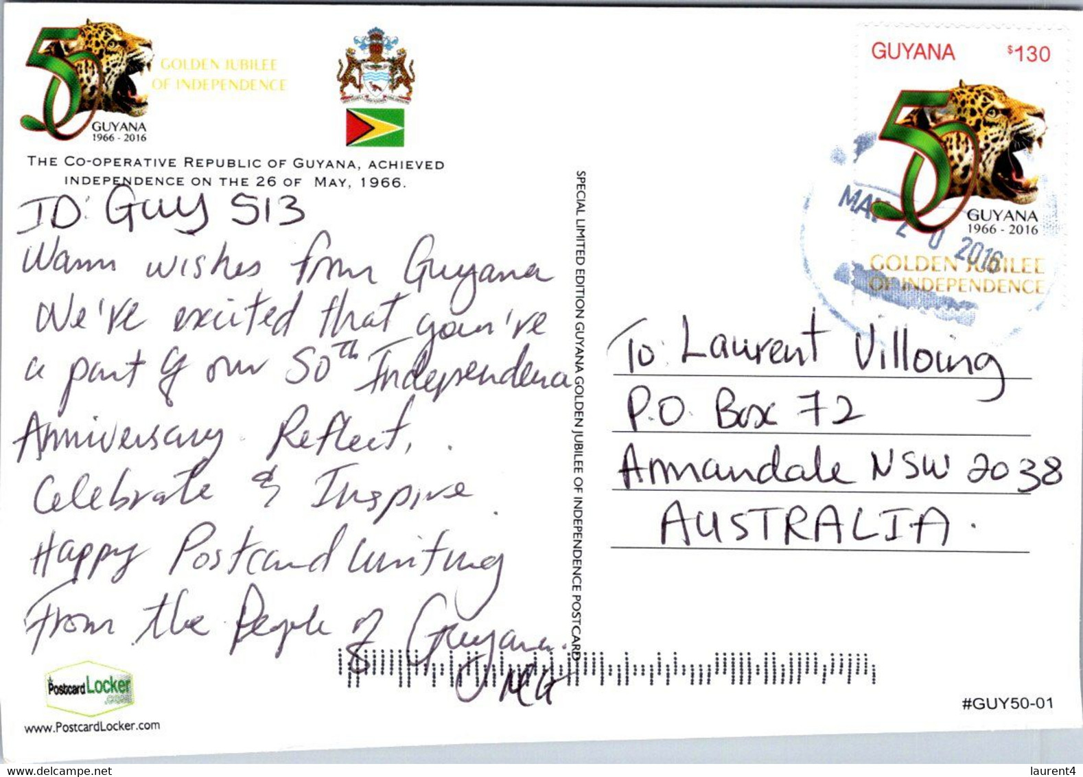 (2 G 2) Posted From Georgia To Australia - Postcrossing Postcard - Guyana - Independence - Guyana (formerly British Guyana)