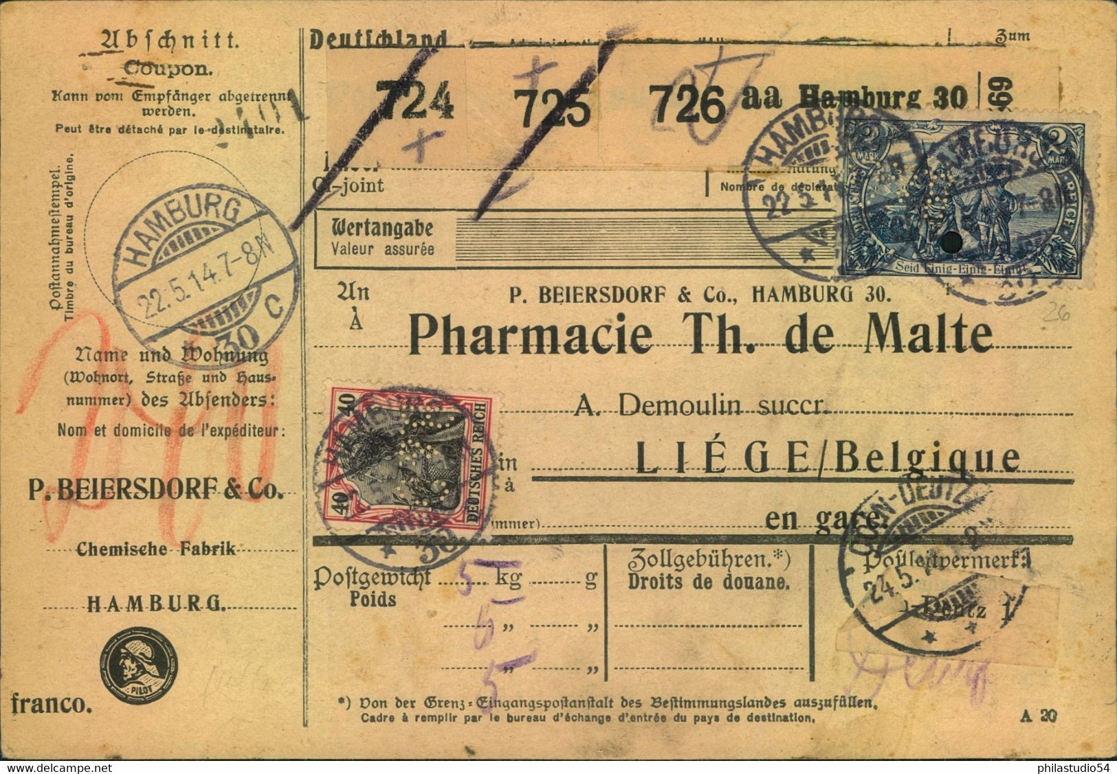 1914, Auslandspaketkarte  für 3 Pakete Von HAMBURG Nach Lüttich, Belgien - Other & Unclassified