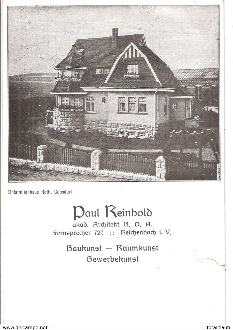 CUNSDORF Reichenbach Vogtland Werbekarte Architekt P Reinhold Realisierter Bau Ungelaufen Rückseitig Keine AK Einteilung - Reichenbach I. Vogtl.