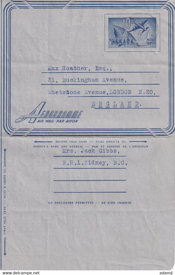 CANADA 1957 AEROGRAMME TO ENGLAND. - Brieven En Documenten