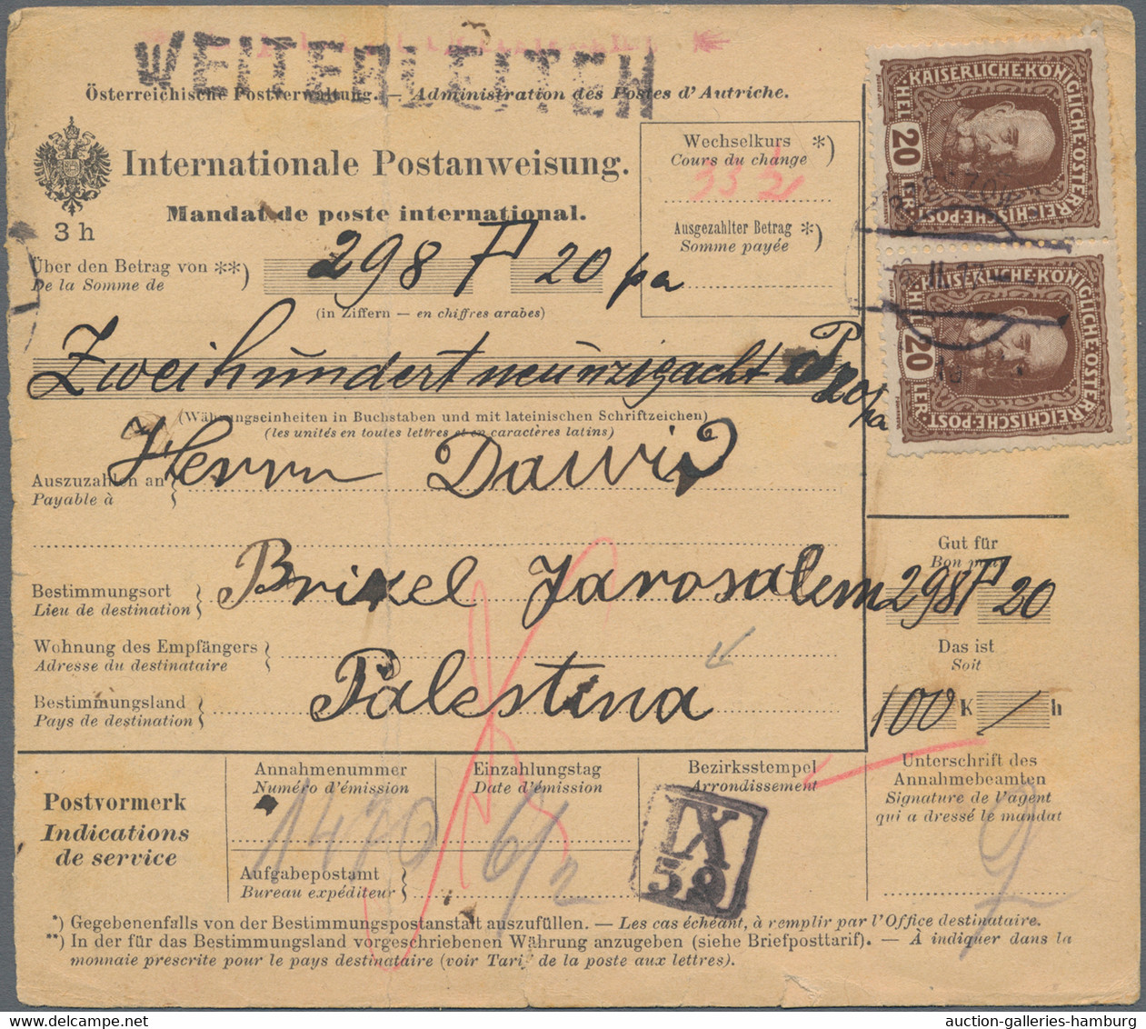 Holy Land: 1917, INCOMING MAIL: Austria, 10 H Purple And 2 X 20 H Brown, Mixed F - Palestina