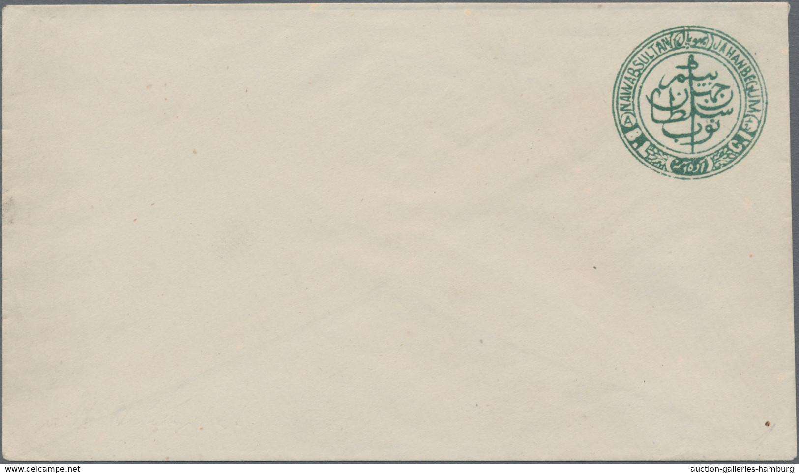 Bhopal: 1890, ½ A Green Postal Stationery Envelope With Embossed Design On Rever - Bhopal