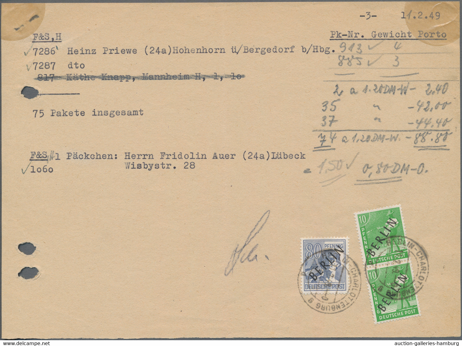 Berlin: 1949, Schwarzaufdruck 80 Pf. Sowie 10 Pf. Im Senkrechten Paar Auf Selbst - Briefe U. Dokumente