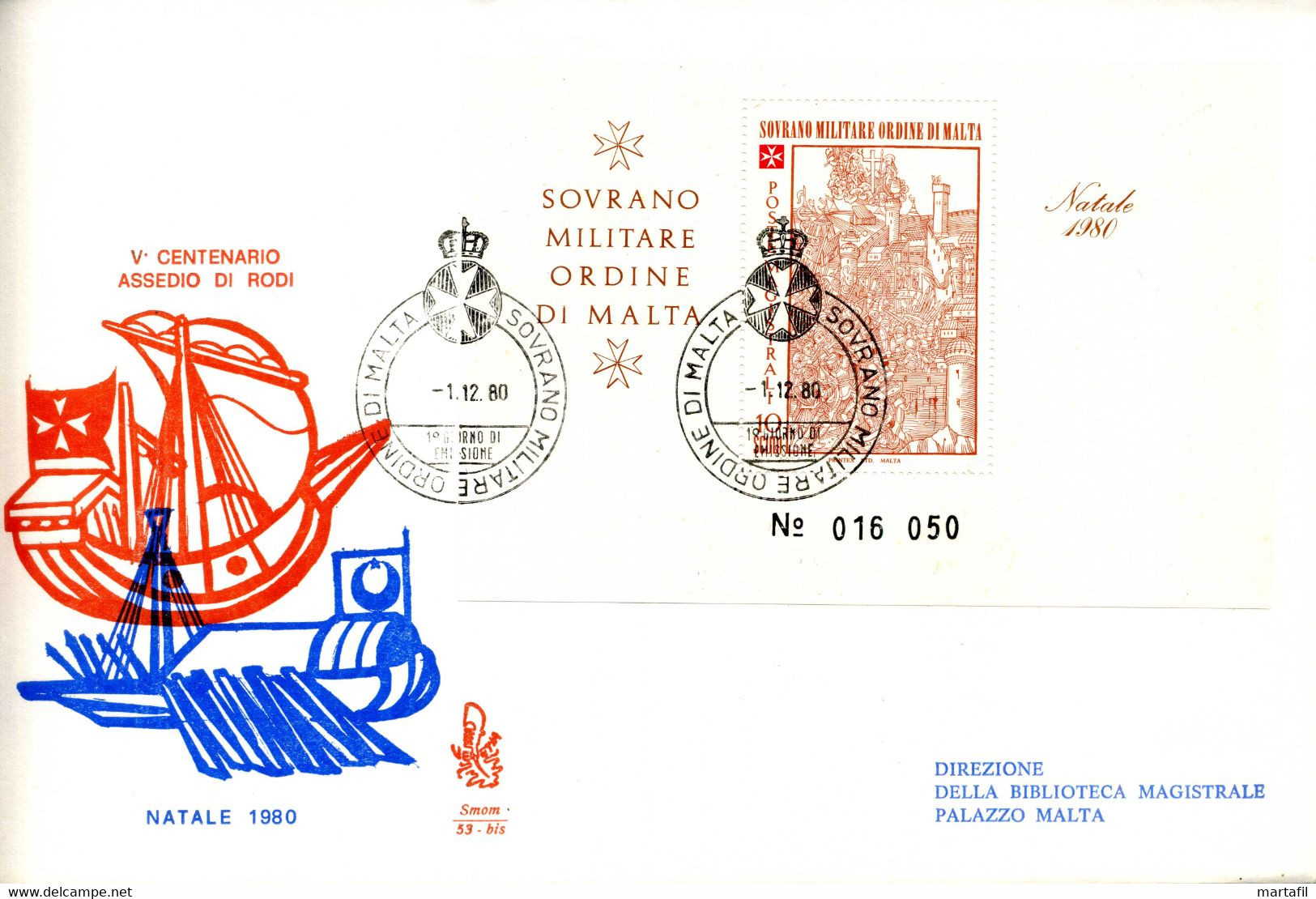 1980 SMOM FDC BF 14 Natale, Christmas, Apparizione Della Vergine All'assedio Di Rodi - Malta (Orden Von)