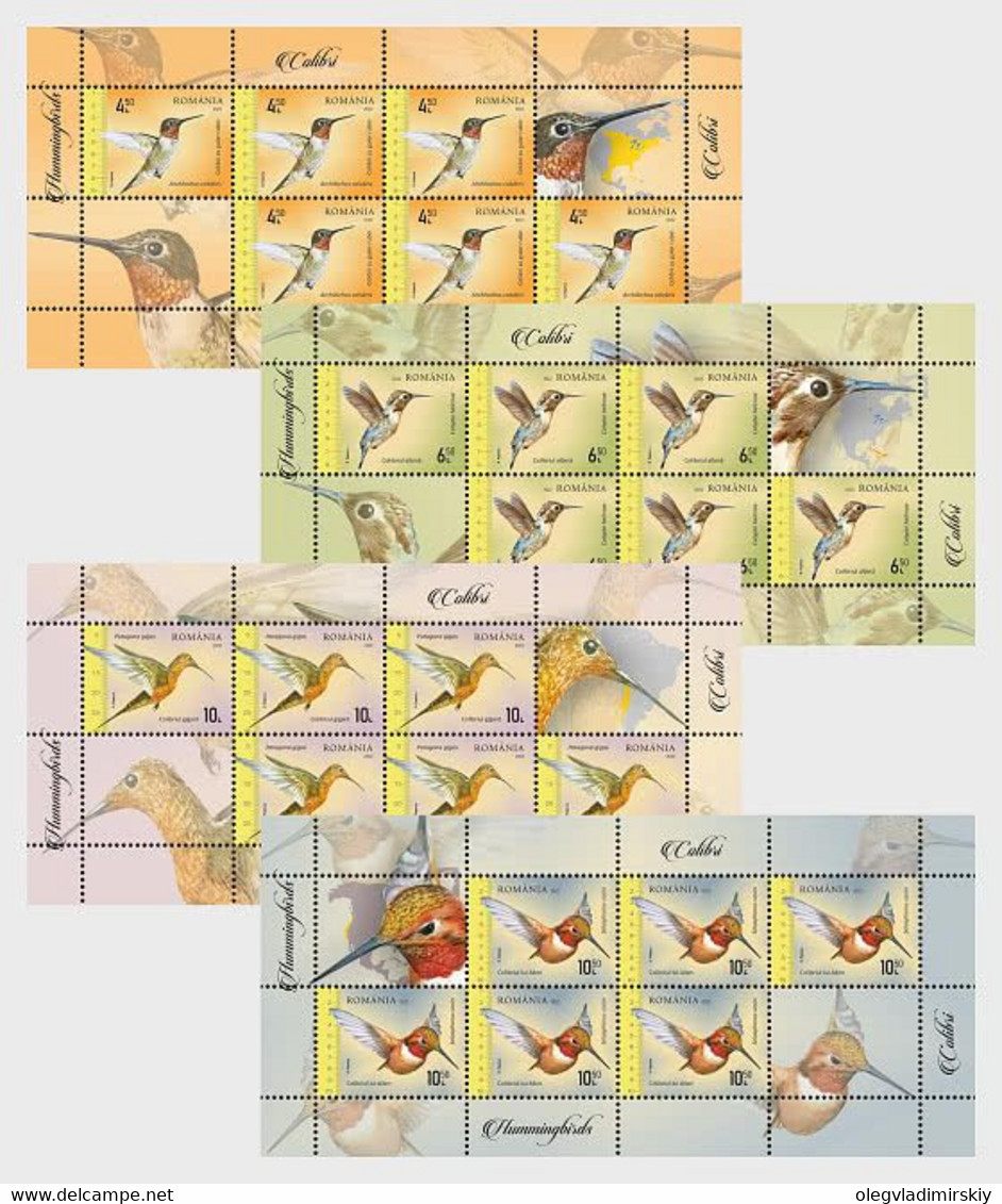 Romania 2022 Hummingbirds Set Of 4 Sheetlets Of 6 Stamps With 2 Labels Each - Unused Stamps