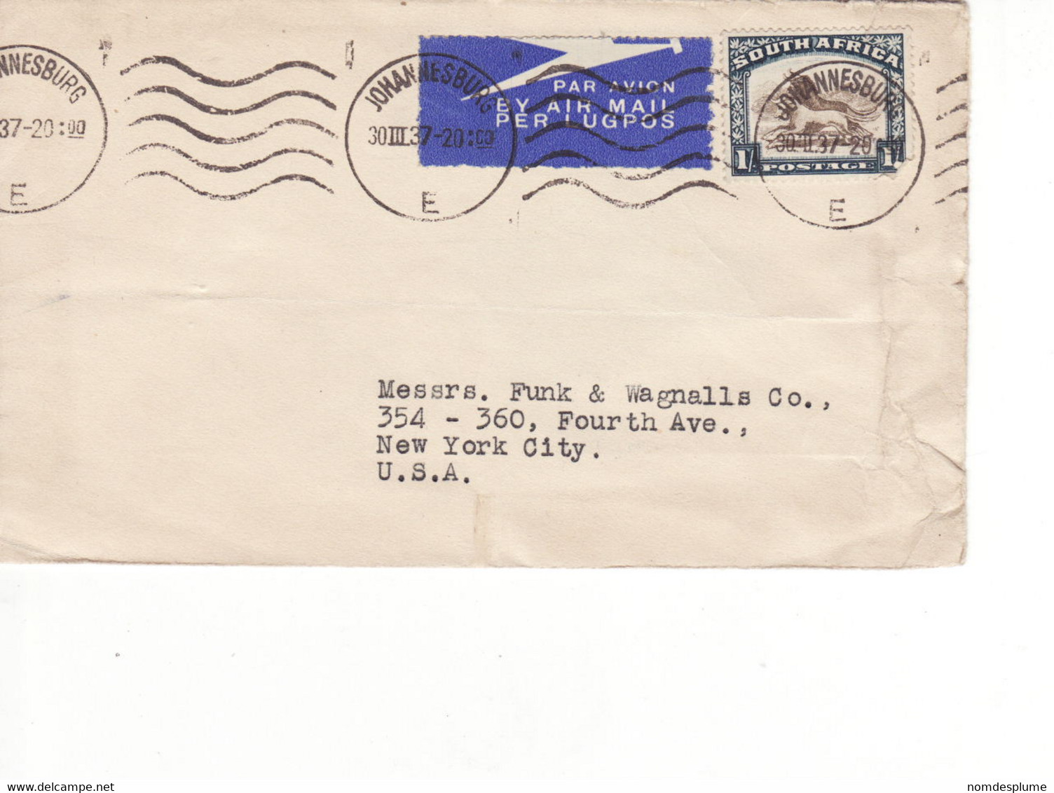 5258) Airmail South Africa USA 1937 Book Single Use Cover Lettre Breif - Luchtpost