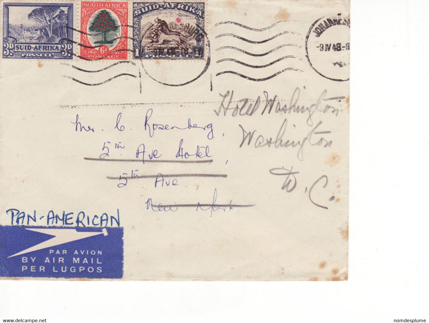 5261) Airmail South Africa USA 1948 Pan Am & Imperial Cover Lettre Breif - Poste Aérienne