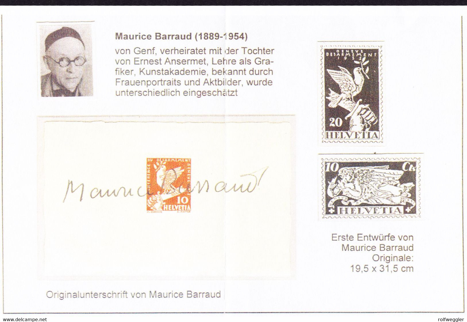 1932 10 Rp Abrüstungskonferenz, Friedenstaube Auf Kärtchen Mit Originalunterschrift MAURICE BARRAUD - Other & Unclassified