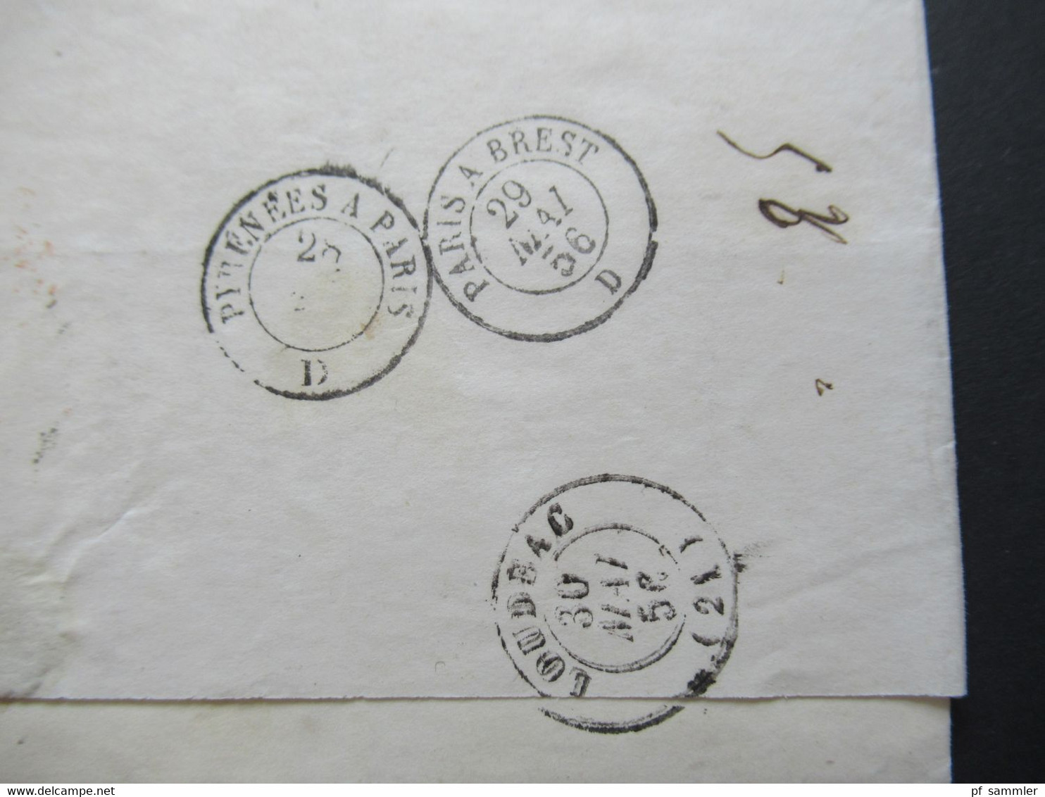 Spanien 1856 Faltbrief Mit Inhalt / Auslandsbrief Bilbao - Loudeac 2x Rote Stempel Und Rücks. Bahnpost Pyrenees A Paris - Covers & Documents