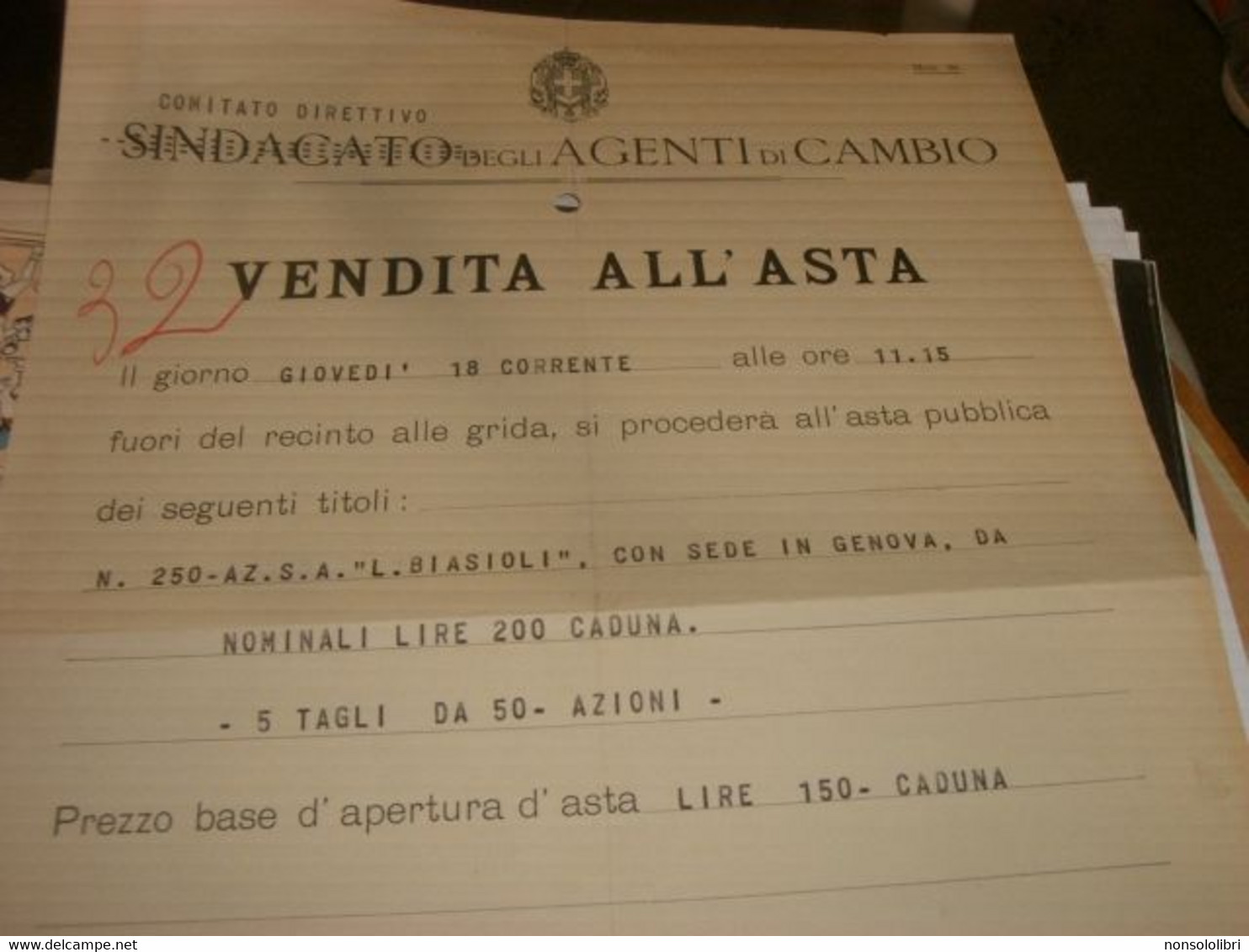 VENDITA ALL'ASTA AZIONI L.BIASIOLI CON SEDE A GENOVA 1937 - A - C