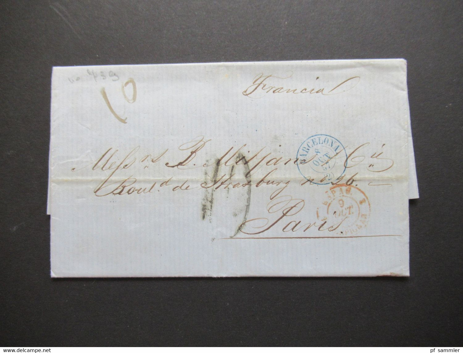 Spanien 1857 Faltbrief Mit Inhalt / Auslandsbrief Barcelona - Paris 2x Bartaxe Rückseitig Bahnpost Stempel - Storia Postale