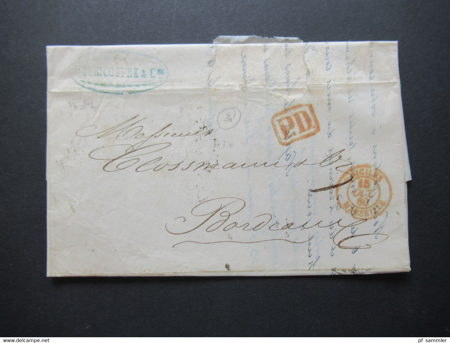 Italien 1860 Faltbrief Mit Inhalt / Auslandsbrief Neapel - Bordeaux PD Beleg Roter K2 D. Siciles Marseille Schiffspost?! - Sicilië