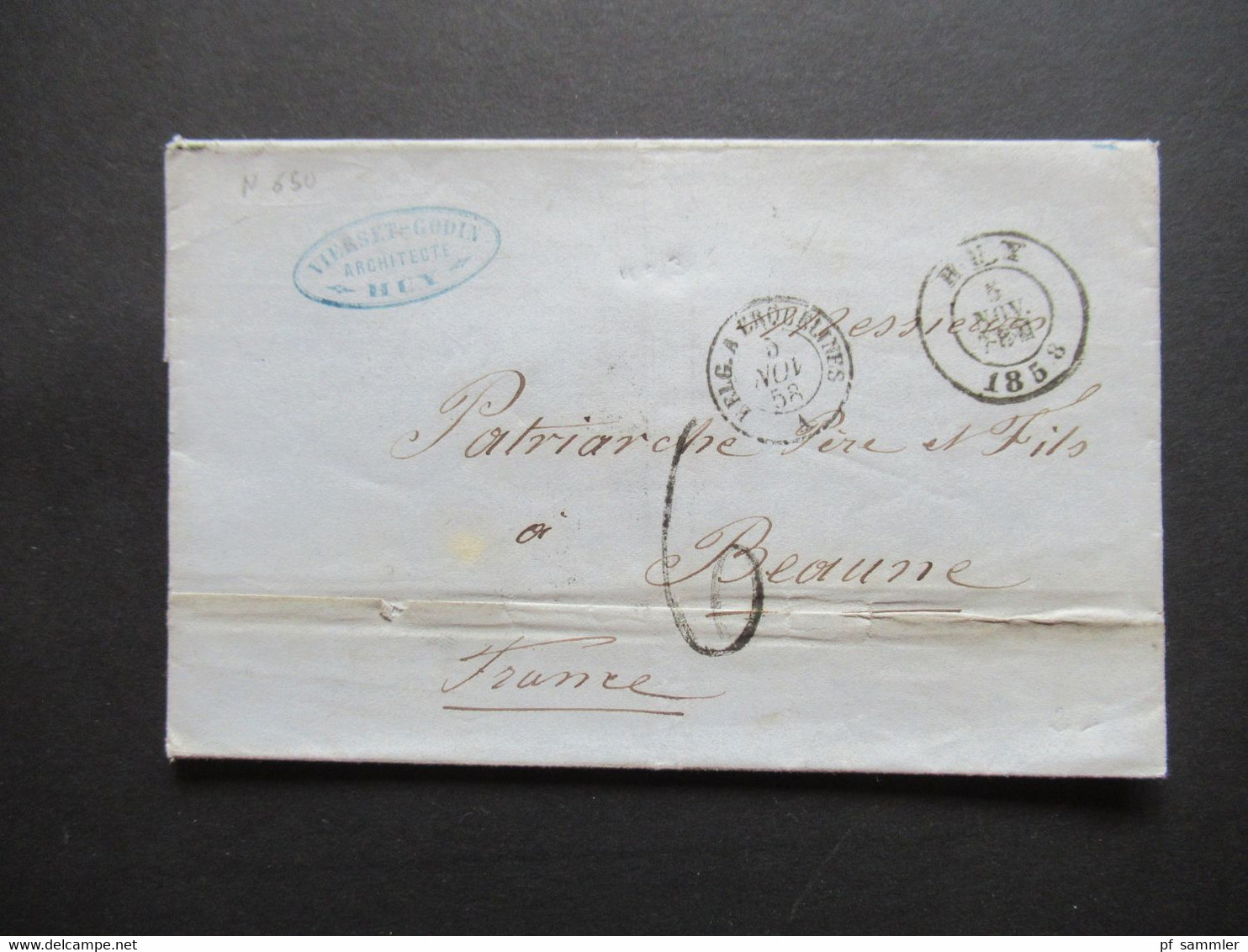 Belgien 1858 Auslands Faltbrief Mit Inhalt Huy - Beaume K2 Belg.A Erquelines A Und Taxstempel / Architecte Vierset Godin - 1849-1865 Medallones (Otros)