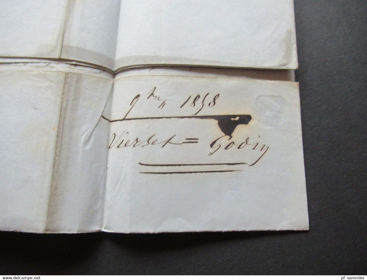 Belgien 1858 Auslands Faltbrief mit Inhalt Huy - Beaume K2 Belg.A Erquelines A und Taxstempel / Architecte Vierset Godin
