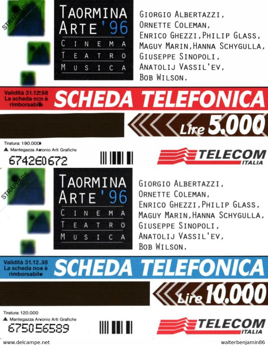 G 571/572 C&C 2636/2637 2 SCHEDE NUOVE MAGNETIZZATE SERIE TAORMINA ARTE 96 5 & 10 - Errori & Varietà