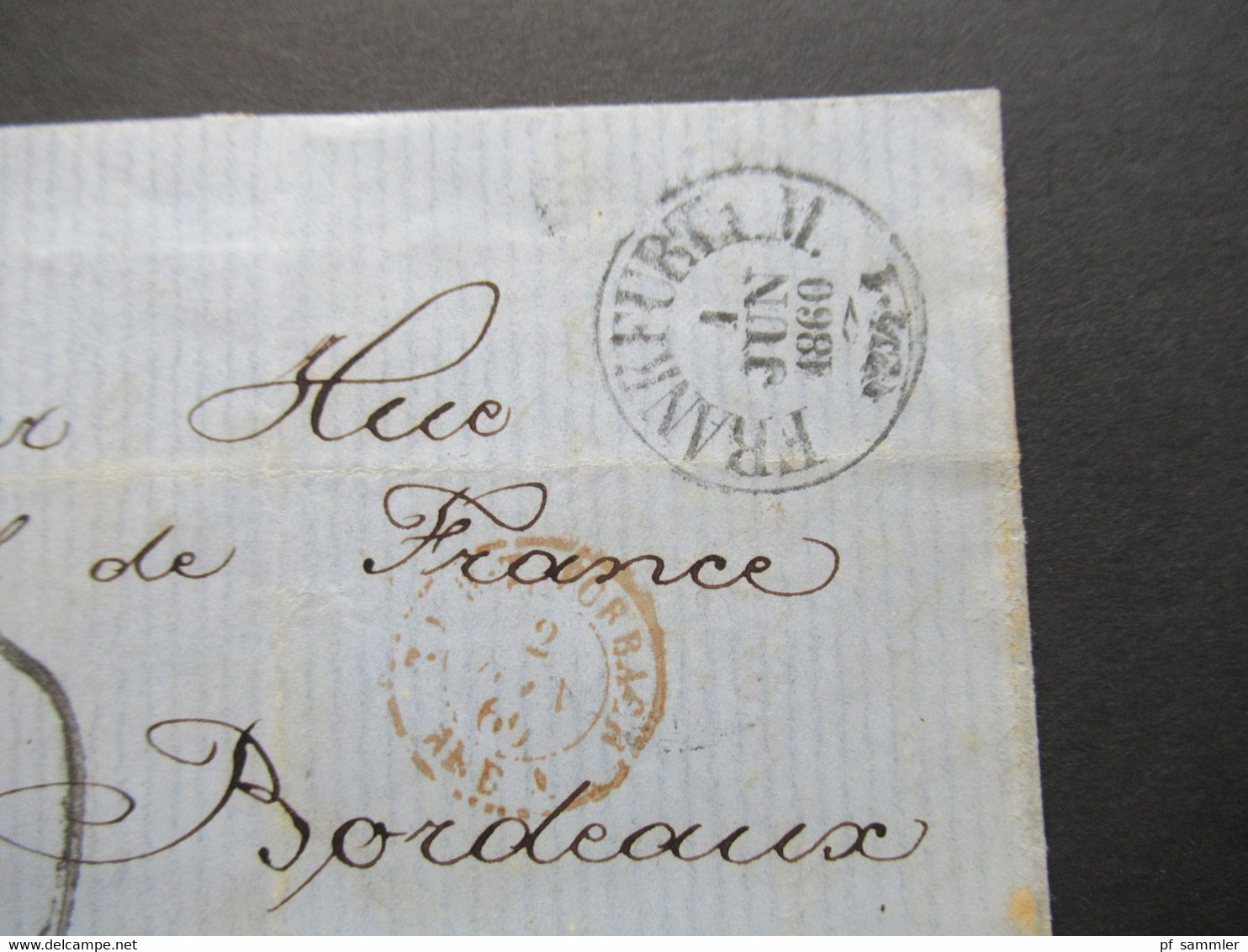 AD Thurn Und Taxis Stempel Frankfurt A.M.1860 Auslandsverwendung Nach Bordeaux Frankreich Roter K2 Tour-T. Forbach AMB - Briefe U. Dokumente