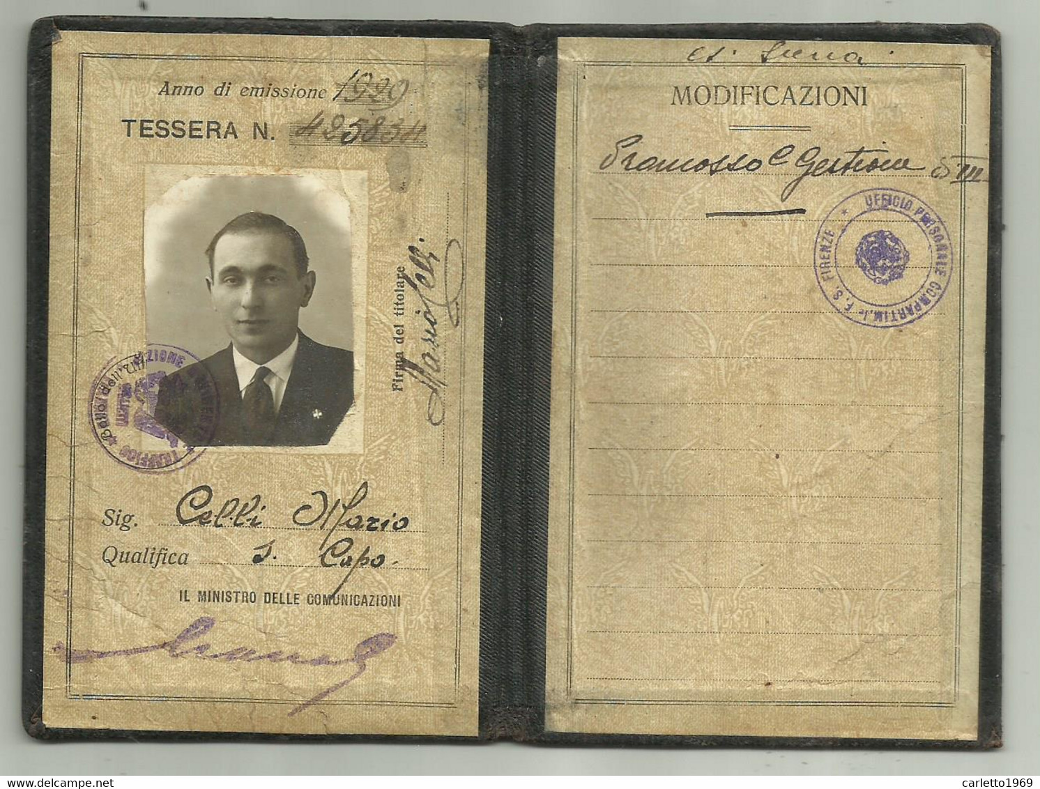 FERROVIE  DELLO STATO TESSERA DI RICONOSCIMENTO  EMISSIONE 1929 - Historical Documents
