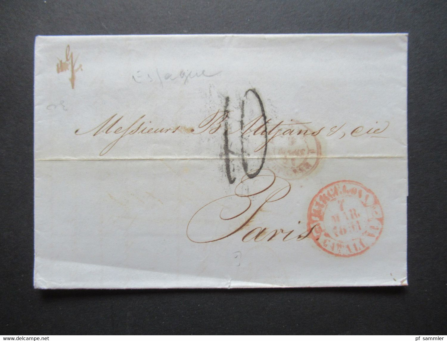 Spanien 1851 Faltbrief Mit Inhalt /Auslandsbrief Barcelona - Paris Roter K2 Barcelona Cataluna Taxstempel / Chiffre Taxe - Storia Postale