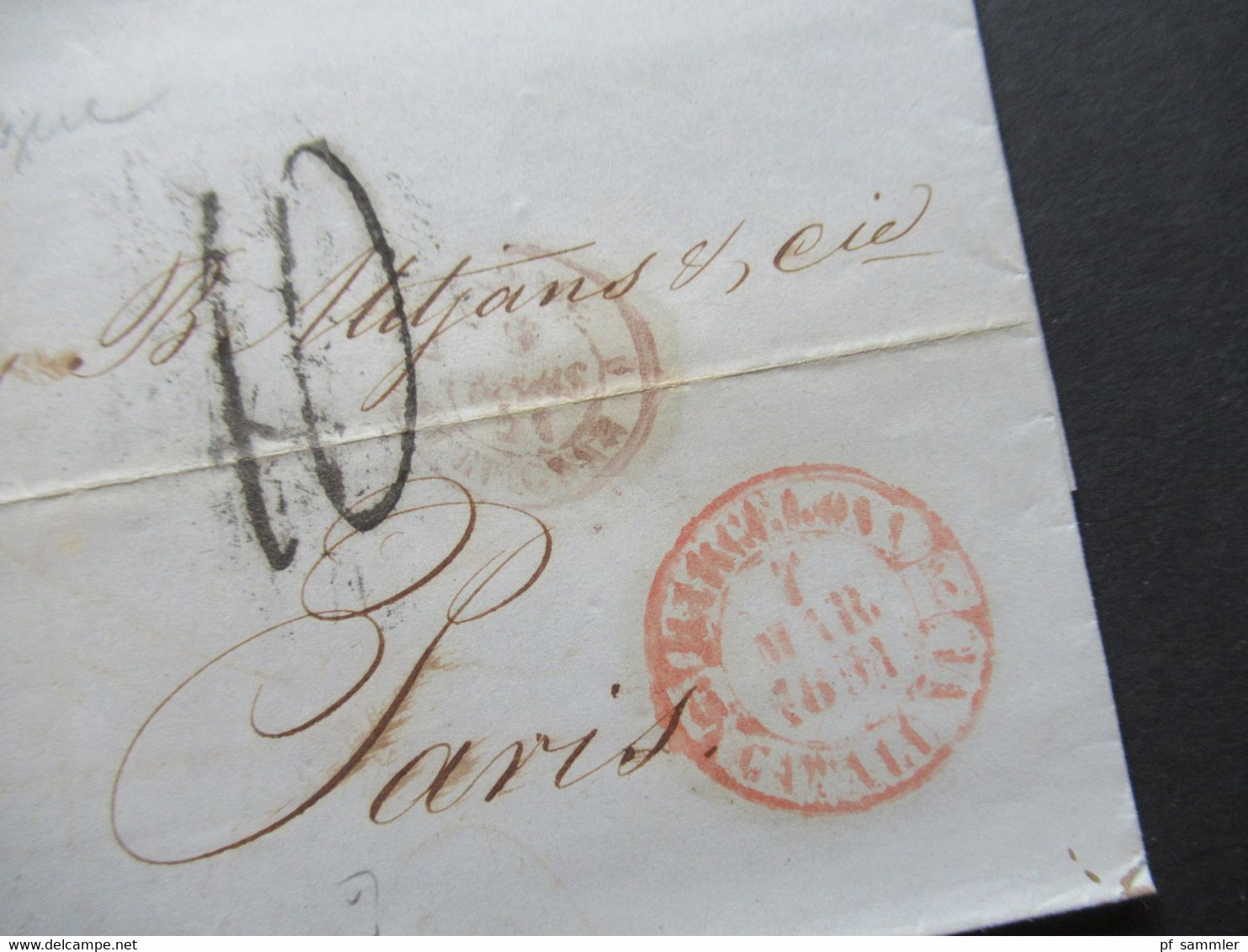 Spanien 1851 Faltbrief Mit Inhalt /Auslandsbrief Barcelona - Paris Roter K2 Barcelona Cataluna Taxstempel / Chiffre Taxe - Storia Postale