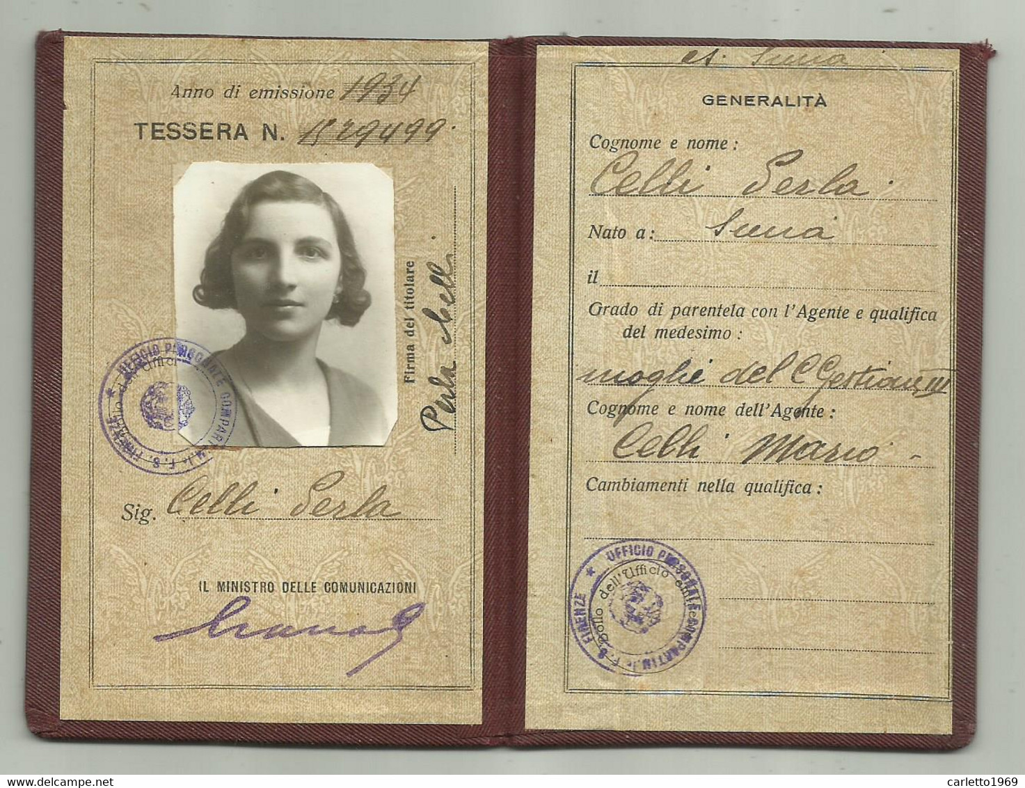 FERROVIA DELLO STATO TESSERA DI RICONOSCIMENTO PER FAMIGLIE 1934 - Historical Documents
