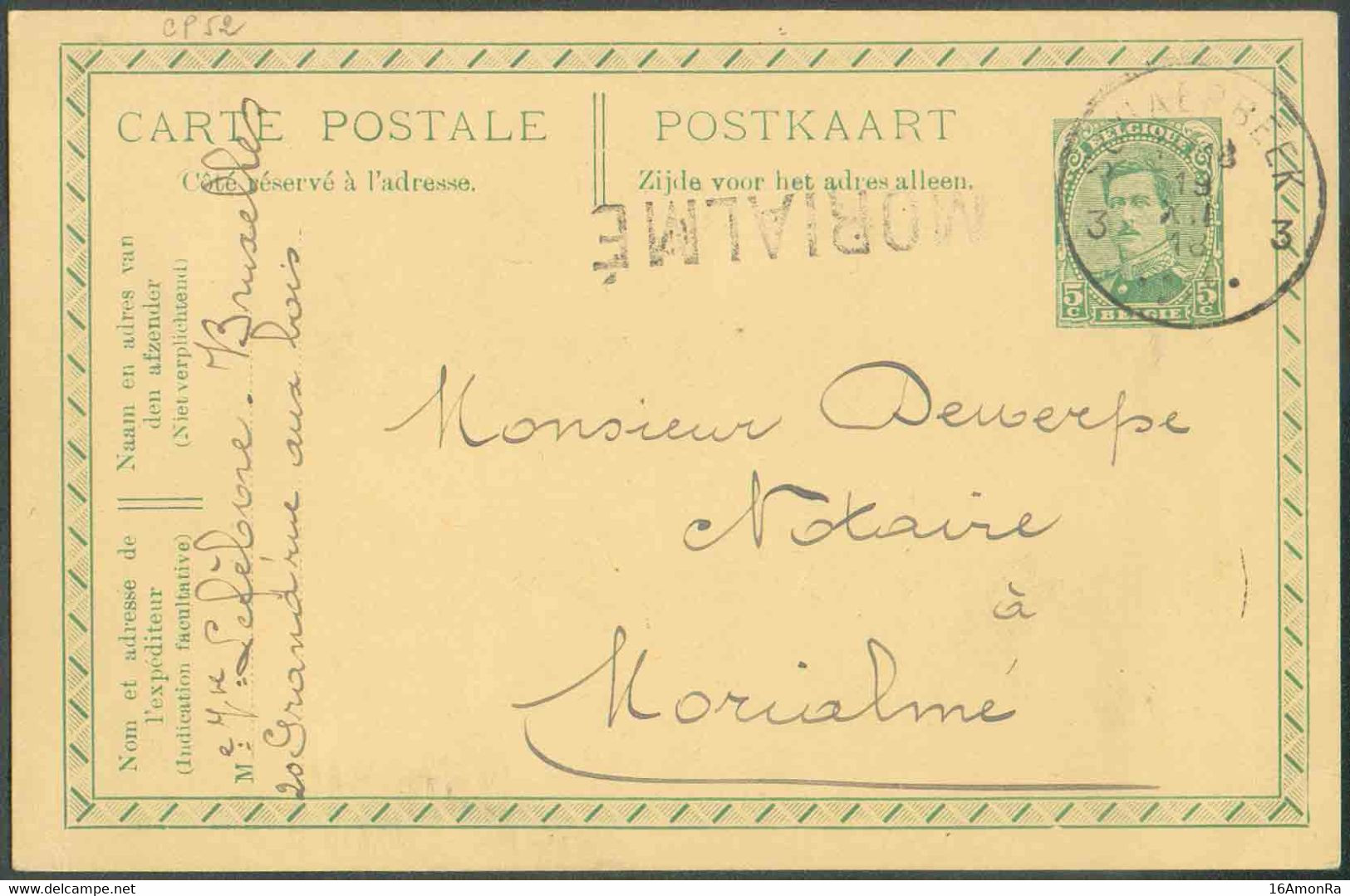 E.P. Carte 5 Centimes Vert, Obl. Sc SCHAERBEEK 3 du 19-XII-1918 Vers MORIALME (griffe De Fortune à L'arrivée, RR). - Sup - Linear Postmarks