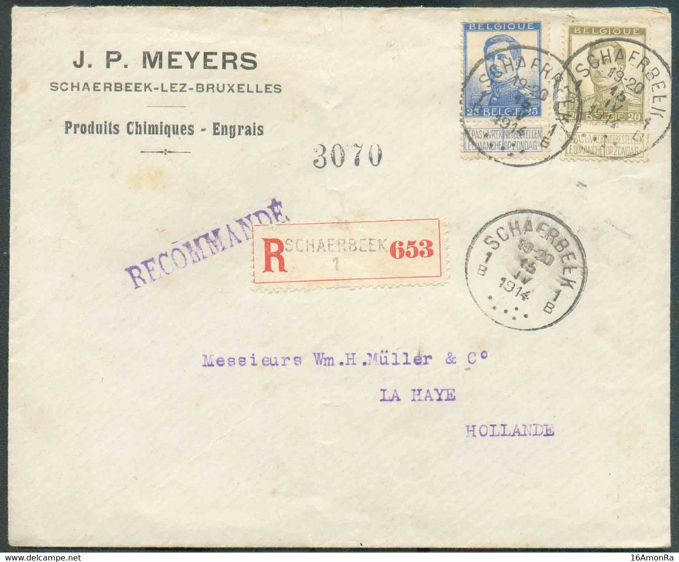 N°119-120 - 20 Et 25 Centimes PELLENS obl. Sc SCHAERBEEK 1 sur Lettre Recommandée Du 15-IV-1914 Vers La Haye (P-B). - TB - 1912 Pellens