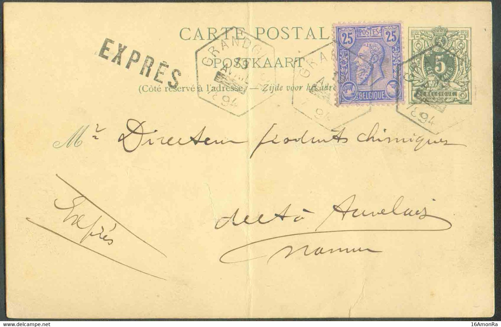 N°48 - 25 Centimes Bleu S/rose En Affr. Compl. Sur E.P. Carte 5 Centimes Vert, Obl. ferroviaire hexagonale GRANDGLISE en - Briefkaarten 1871-1909