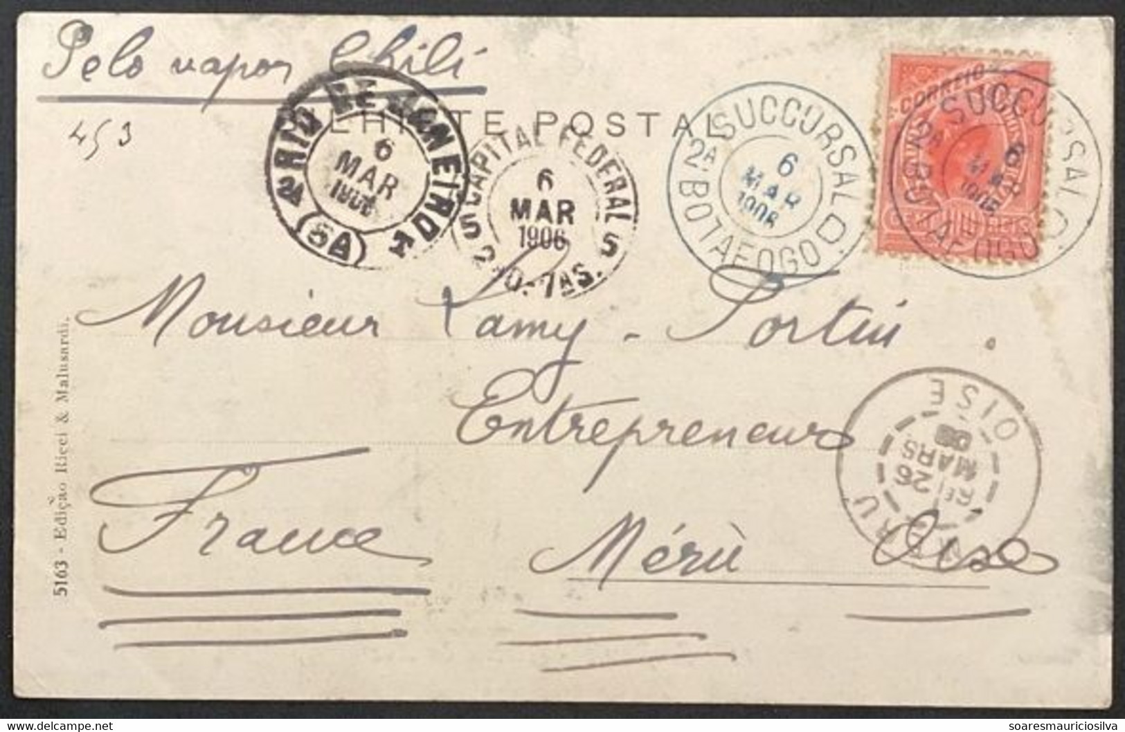 Brazil 1906 Postcard São Paulo Ricci & Malusardi No 12 Rio De Janeiro To Méru France Steamer Chili Messageries Maritimes - Cartas & Documentos