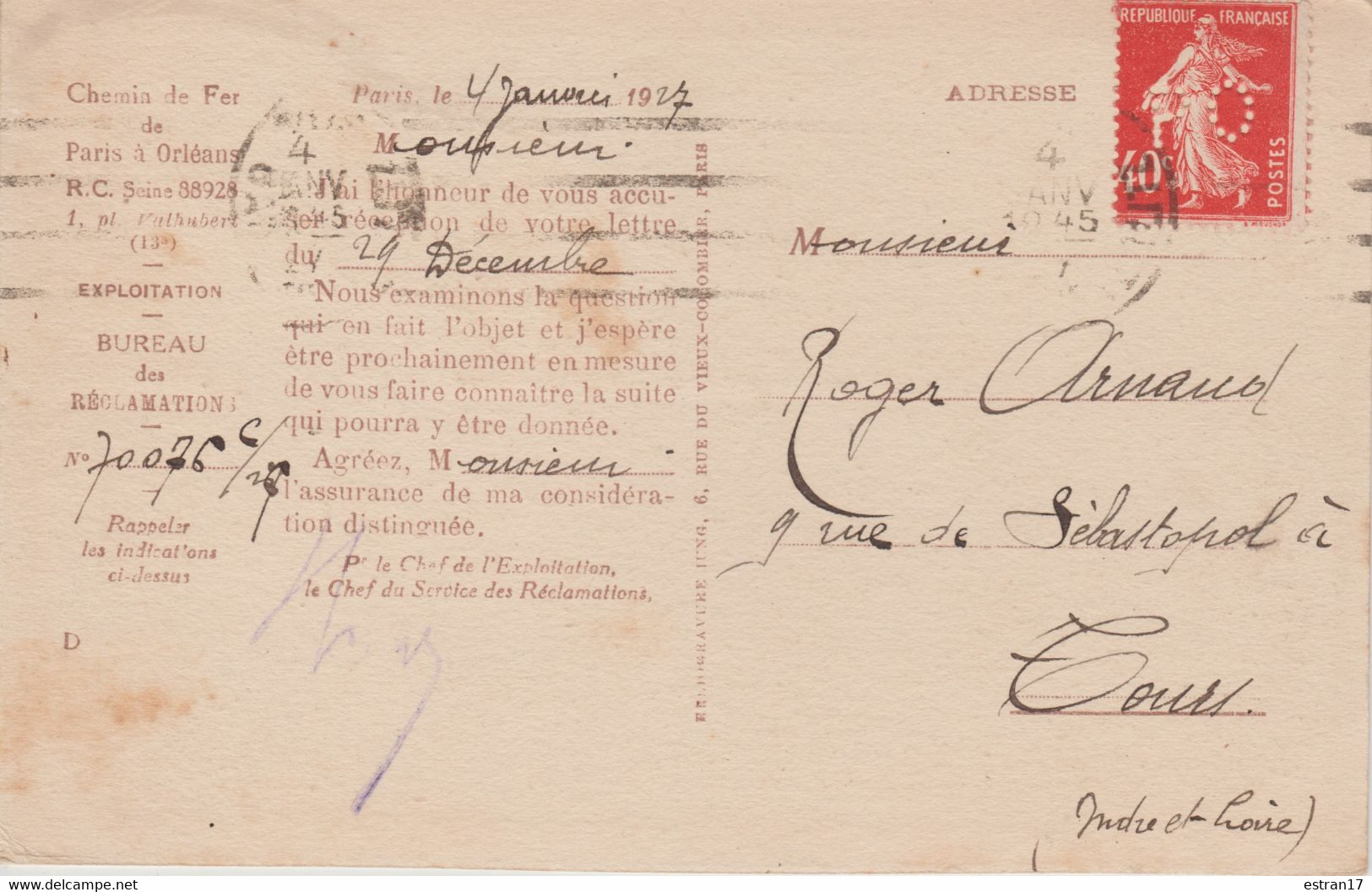 CARTE CHEMIN DE FER PARIS-ORLEANS AFFRANCHIE AVEC UN 40C ROUGE TYPE SEMEUSE PERFORE P. O. - Storia Postale