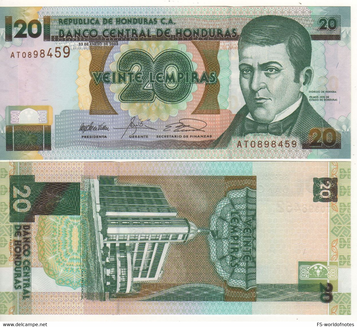 HONDURAS  20  Lempiras P87b   23.01.2003    (Díaz Del Valle + Casa Presidencial Tegucigalpa At Back)   UNC - Honduras