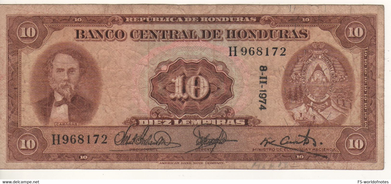 HONDURAS  10  Lempira P57  08.11.1974	(President José Trinidad Cabañas + Banco Central At Back) - Honduras