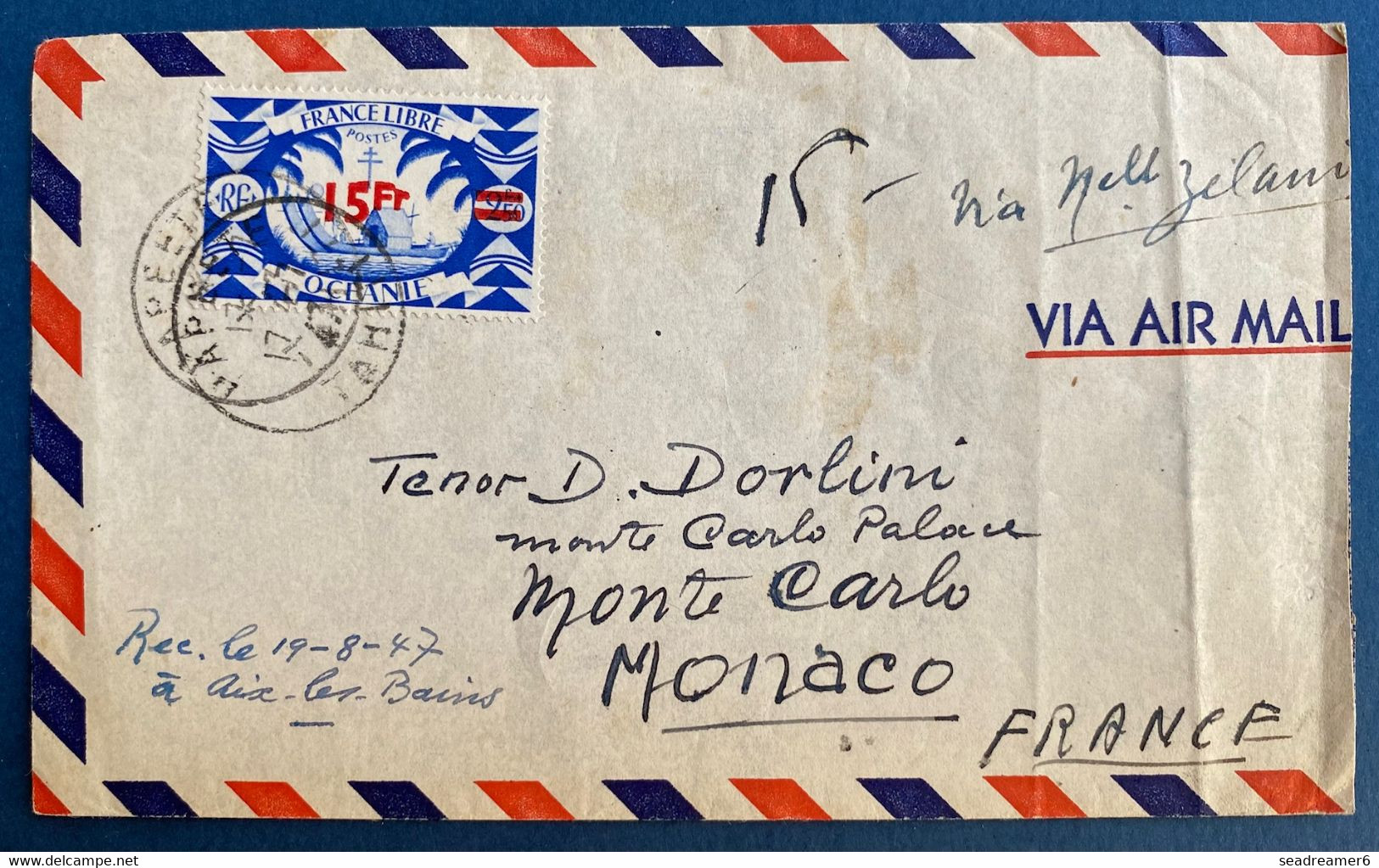 Lettre D'Oceanie TAHITI N°179 15fr /2fr50  Seul Sur Lettre Obl Dateur De Papeete En 1947 Pour MONACO / MONTE CARLO TTB - Brieven En Documenten