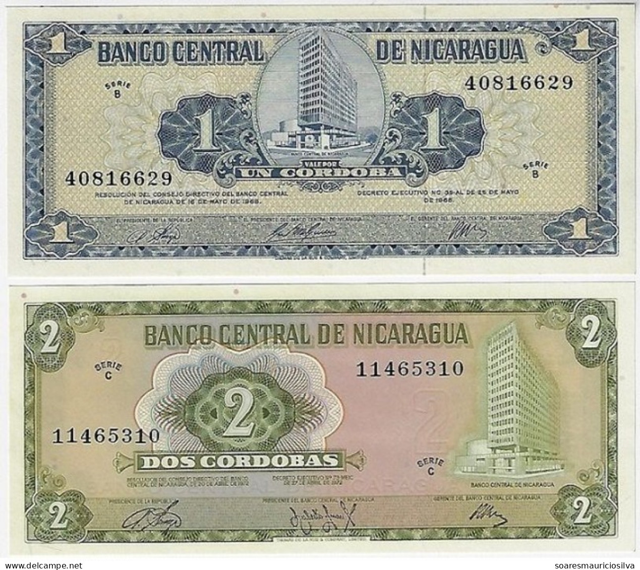 Banknote Nicaragua 1 And 2 Cordobas 1968 And 1972 Pick-115 And 121a Both Unc (catalog US$12) - Nicaragua