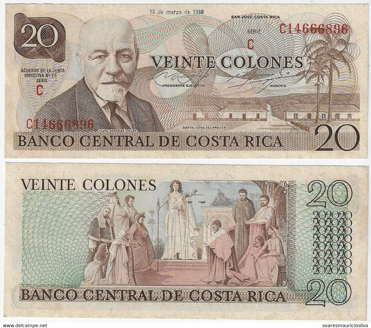 Banknote Costa Rica 20 Colones 1980 Pick-238c UNC (catalog US$10) - Costa Rica