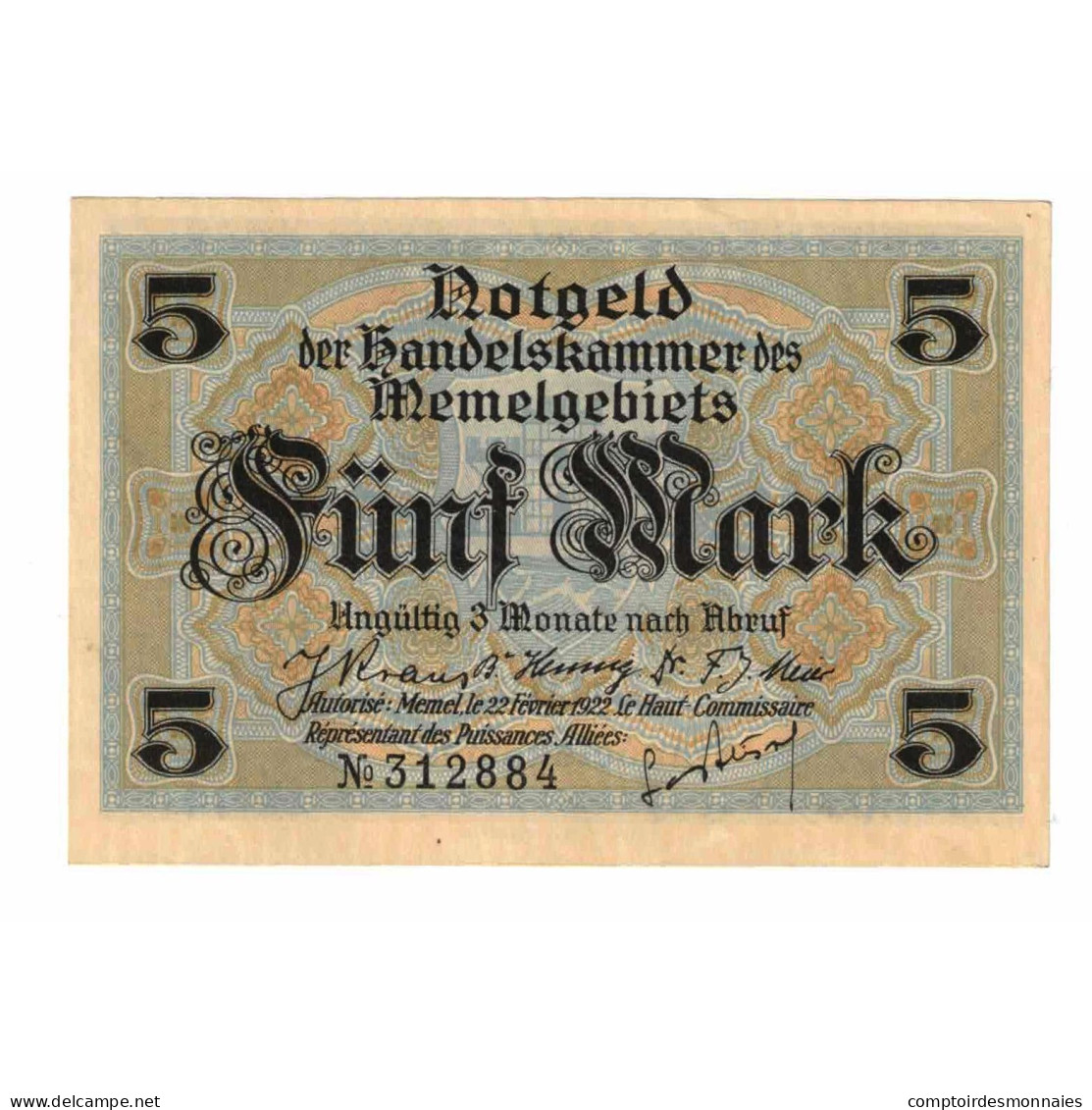 Billet, Memel, 5 Mark, 1922, 1922-02-22, KM:4b, SPL+ - Lituanie
