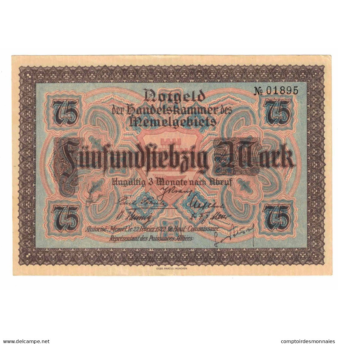 Billet, Memel, 75 Mark, 1922, 1922-02-22, KM:8, SPL - Lituania
