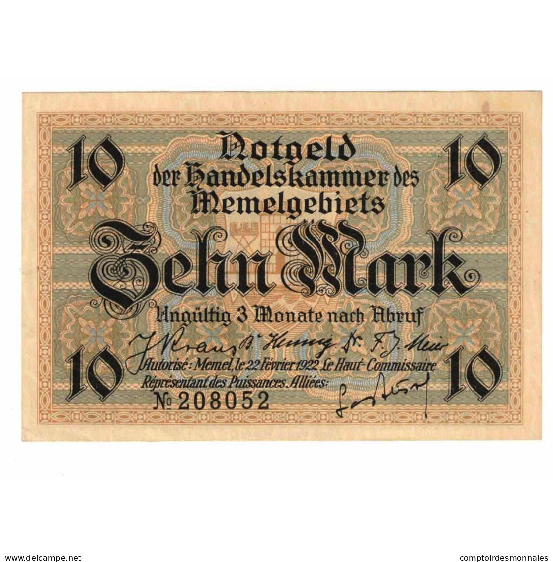 Billet, Memel, 10 Mark, 1922, 1922-02-22, KM:5b, SPL - Lituanie