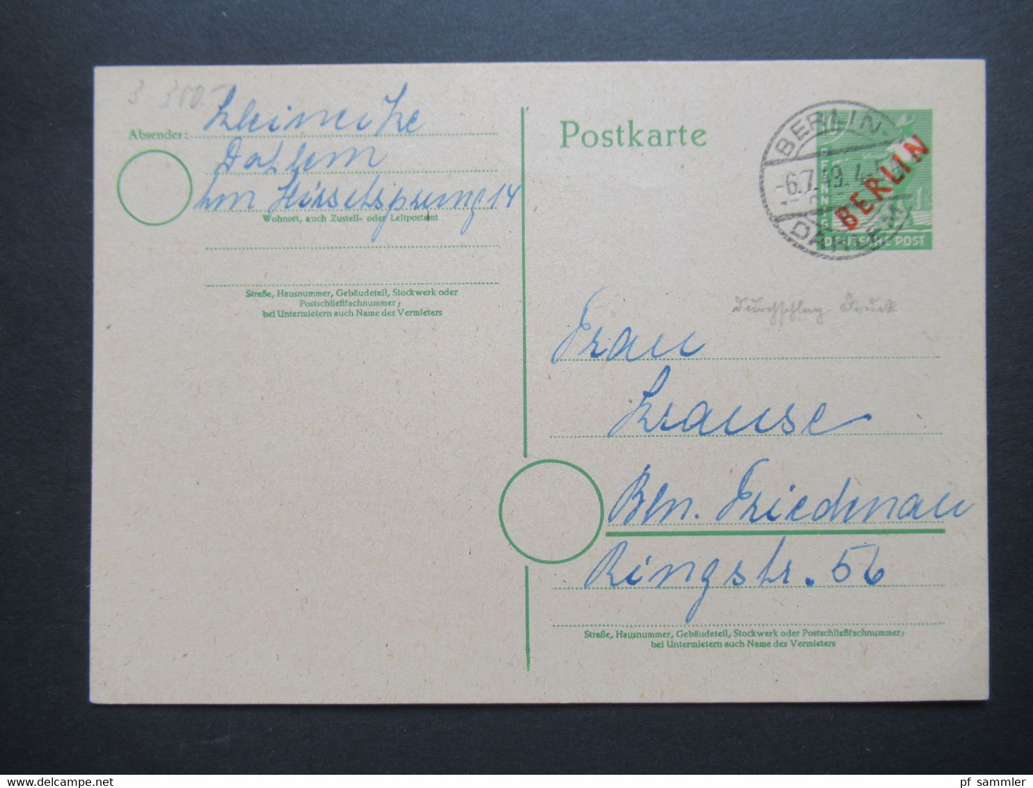 Berlin 1949 Ganzsache P3 Aus Dem Bedarf!! Berlin Ortsverwendung Stp. Berlin Dahlem Durchscheinender Druck / Abklatsch ?? - Cartes Postales - Oblitérées