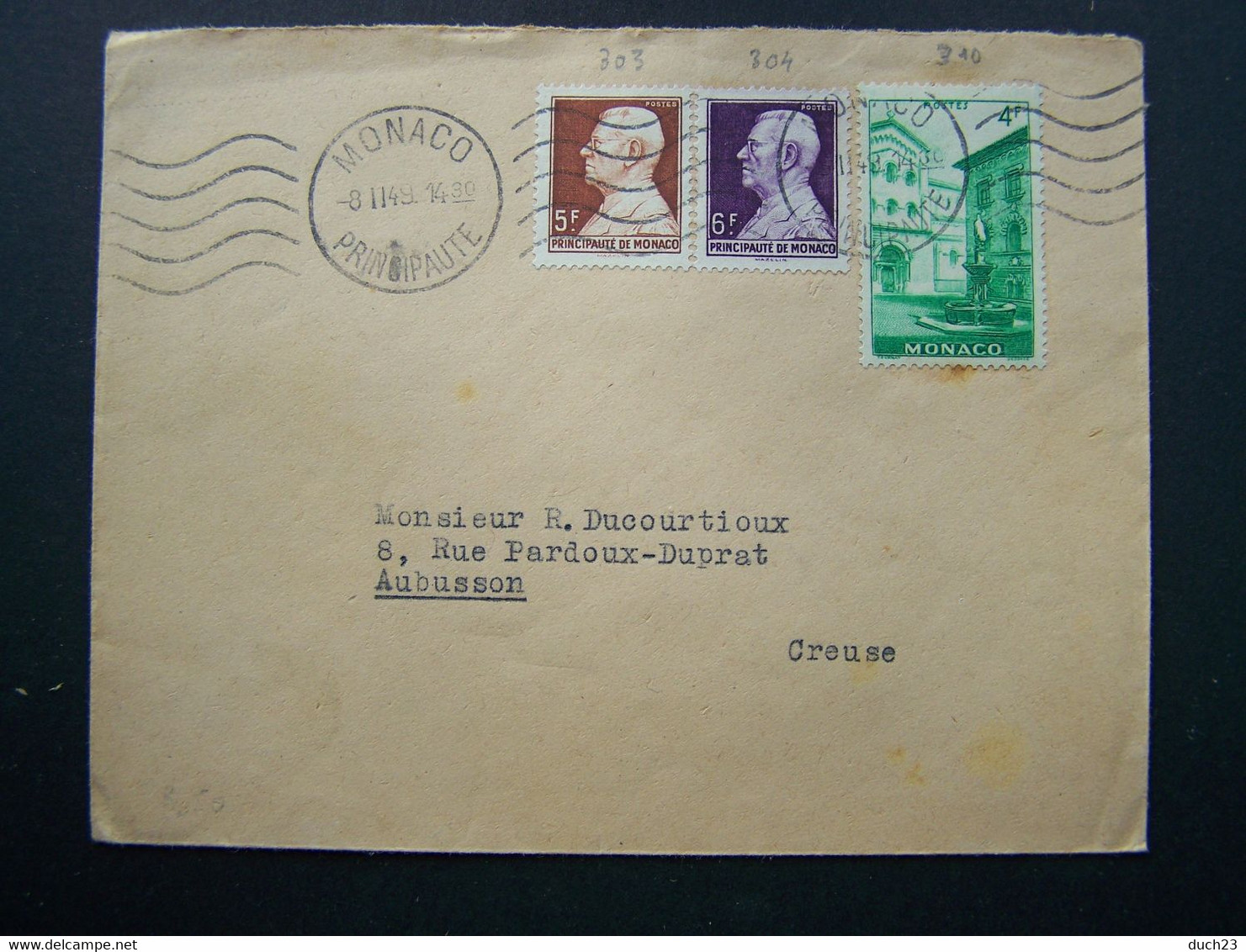 MONACO 1949 N° 303 + 304 + 310 SUR LETTRE ENTIERE - Covers & Documents