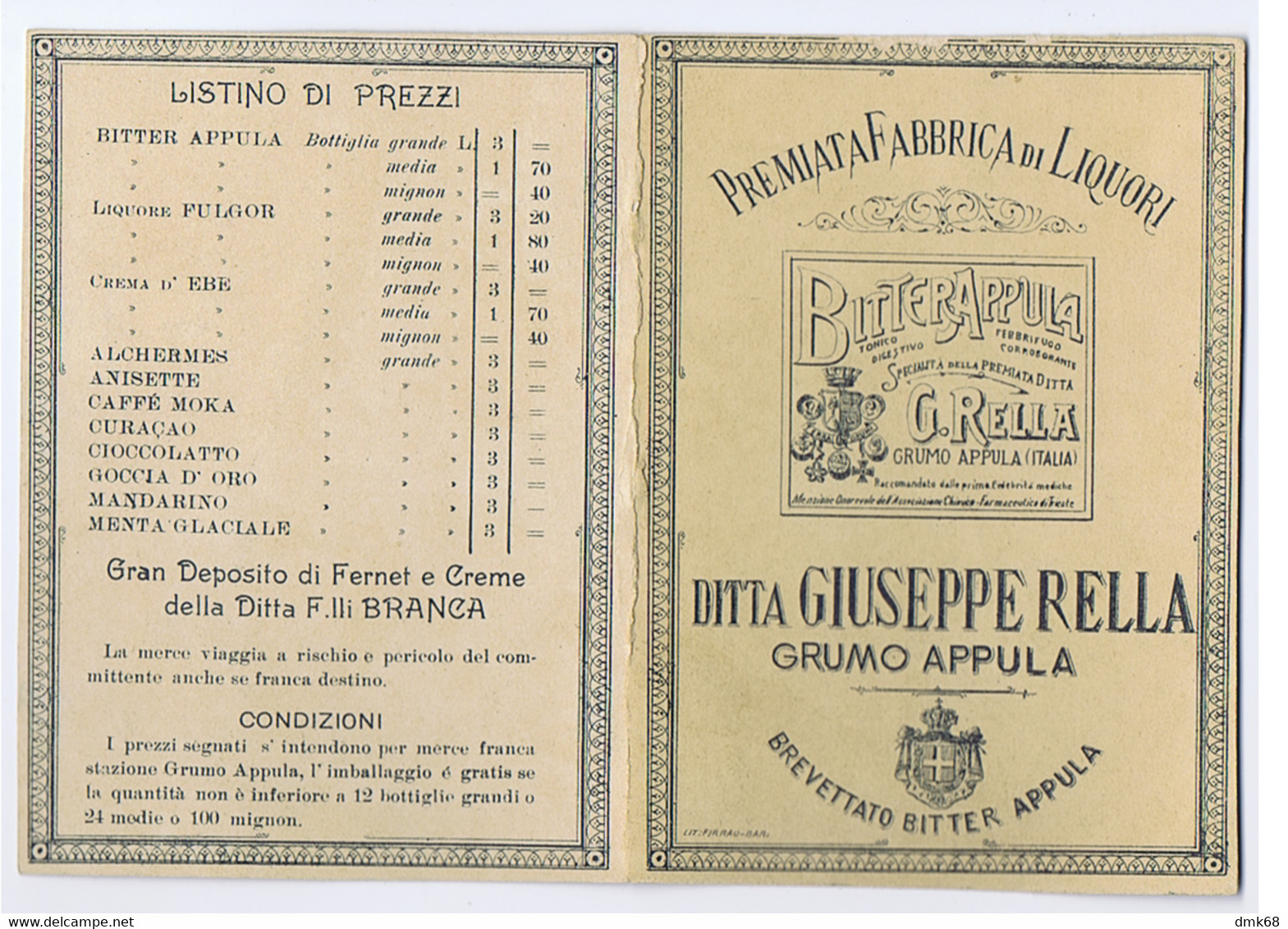 GRUMO APPULA ( BARI ) PREMIATA FABBRICA DI LIQUORI G. RELLA - BITTER - CARTONCINO PUBBLICITARIO + INNO 1913 (11376) - Alcools