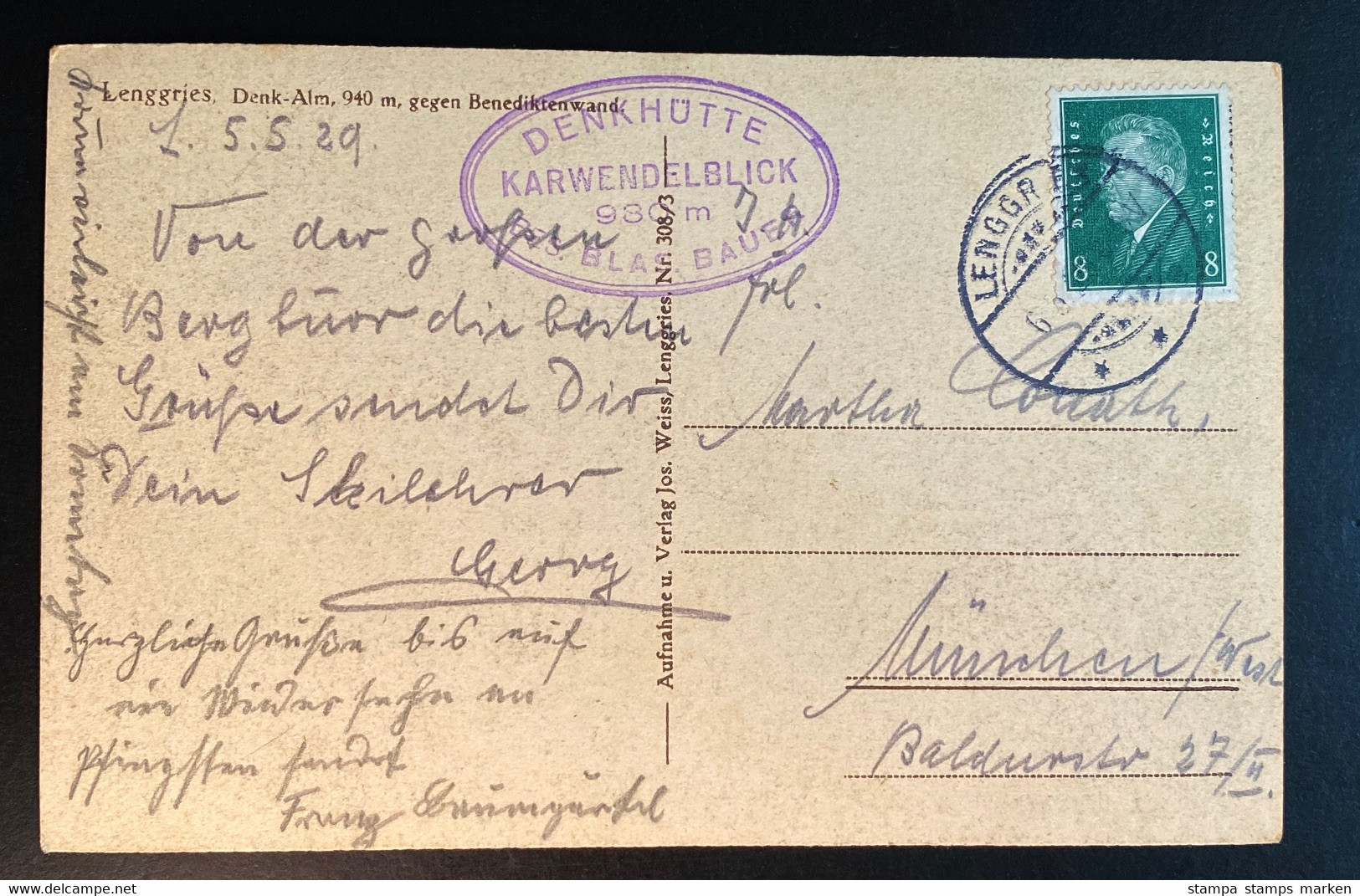 AK Lenggries Denk-Alm 940 M Gestempelt/o 1929 Mit Hüttenstempel - Lenggries