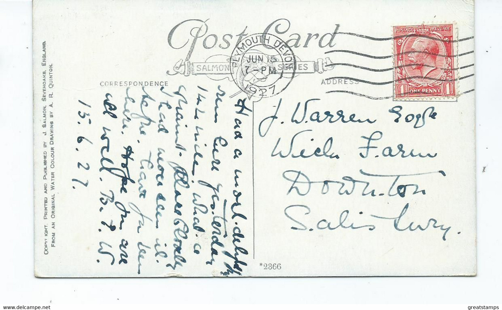 Devon Postcard Clovelley A.r.quinton. Posted 1927 Plymouth - Clovelly