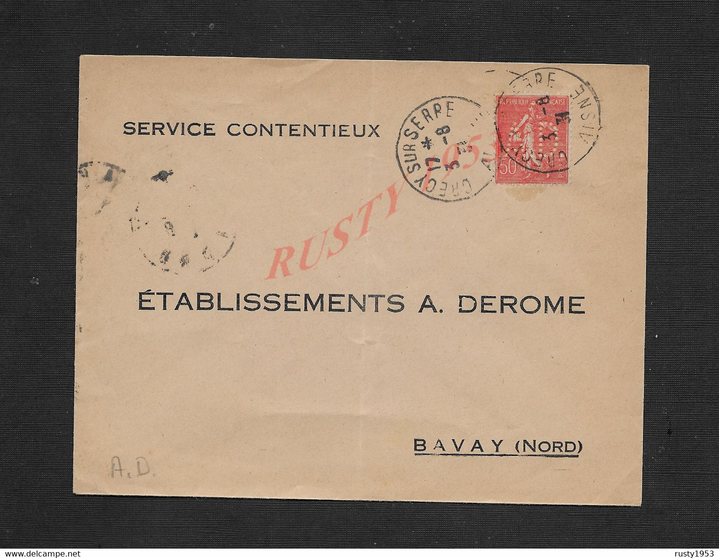 LETTRE DE 1931 SUR TIMBRE SEMEUSE PERFORÉ AD OB CRECY SUR SERRE POUR BAVAY : - Lettres & Documents