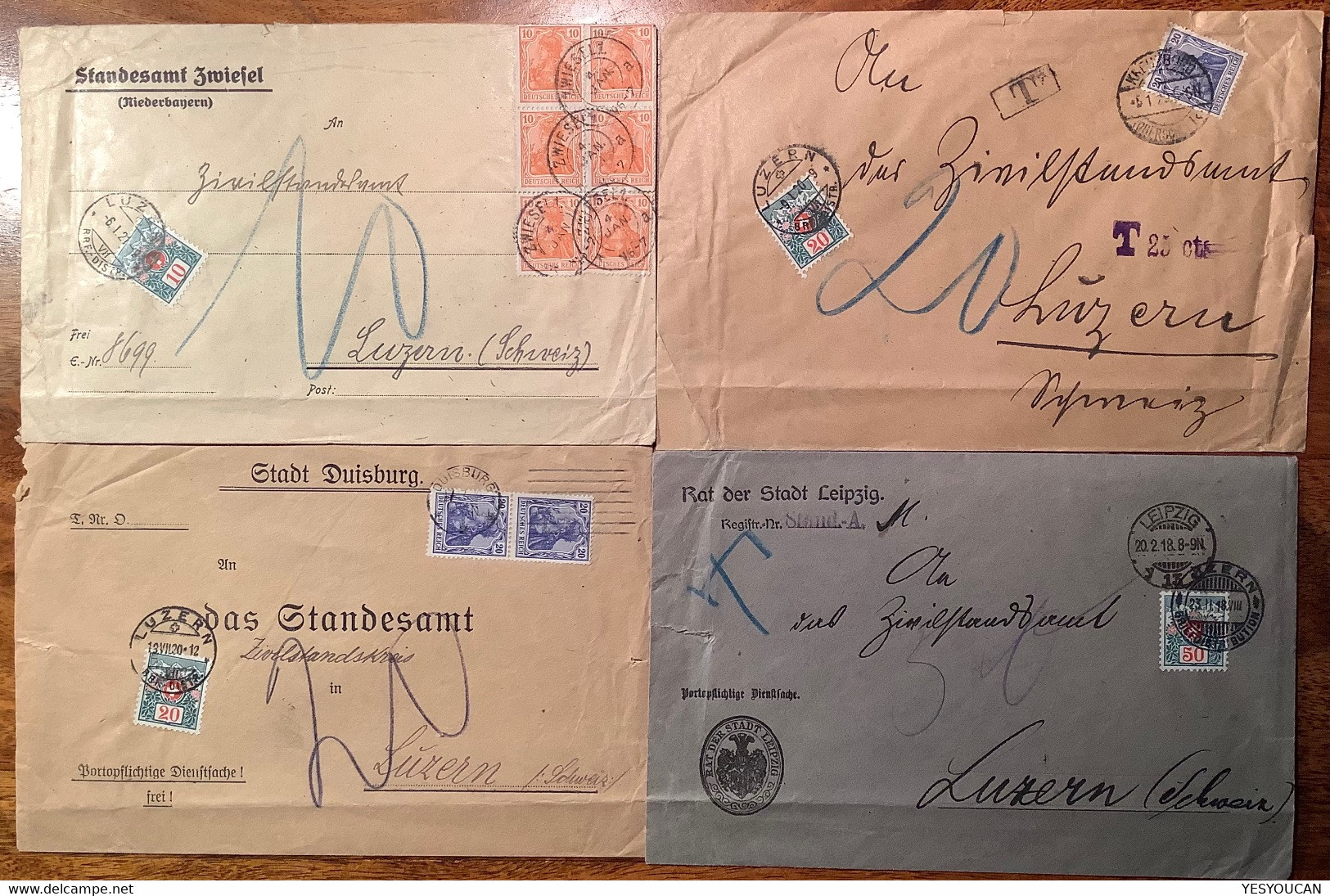 LUZERN 1918-1921 4 Briefe Deutsches Reich Germania Inflation Mit Schweiz Nachportomarken Von 1910(Portomarke Brief - Portomarken