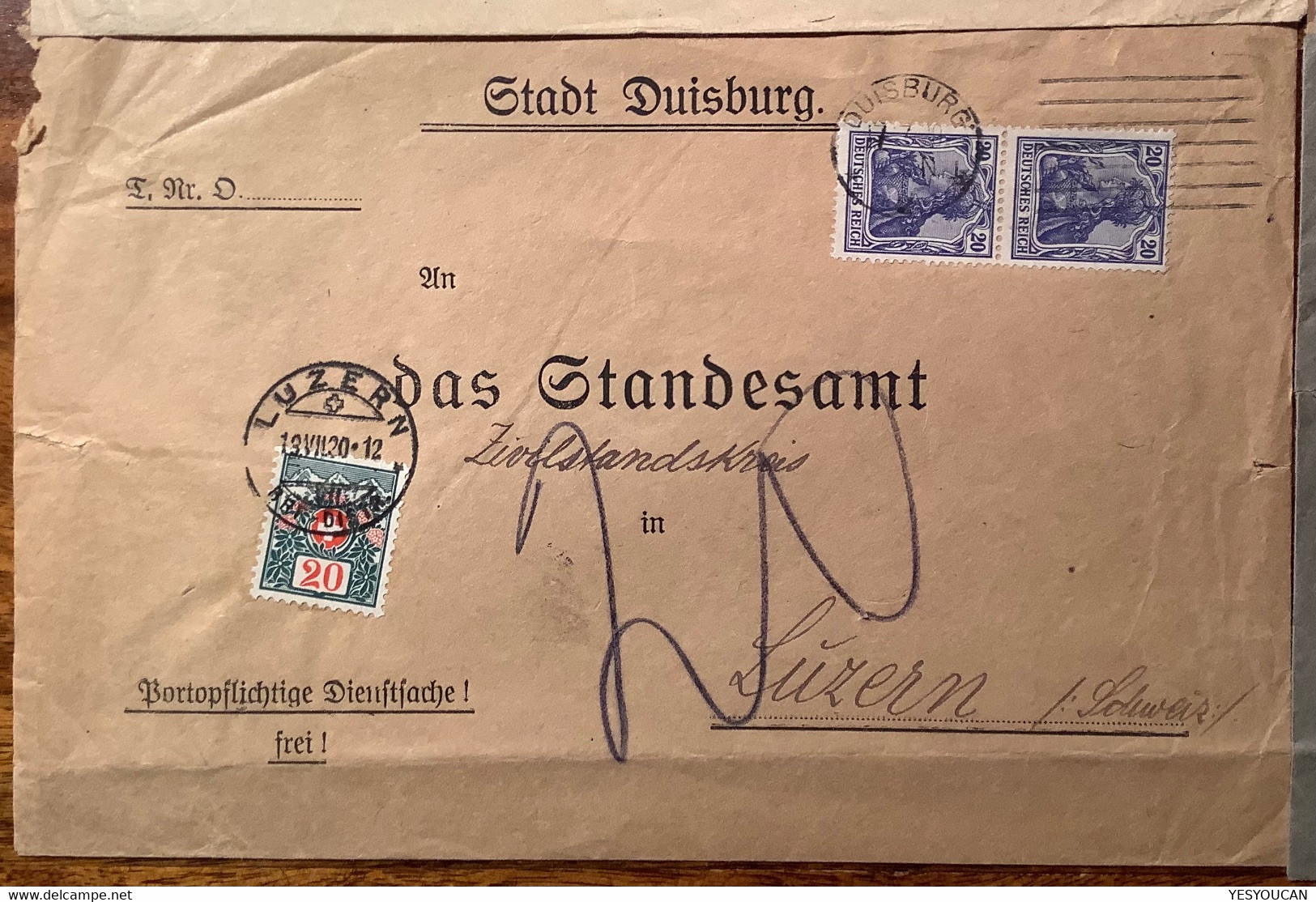 LUZERN 1918-1921 4 Briefe Deutsches Reich Germania Inflation Mit Schweiz Nachportomarken Von 1910(Portomarke Brief - Segnatasse