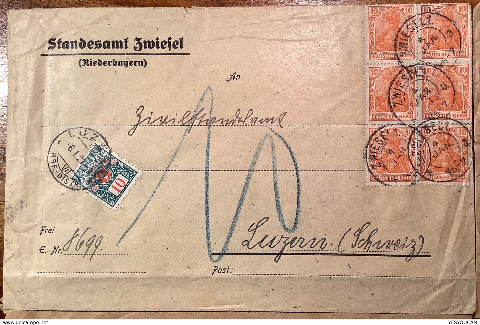 LUZERN 1918-1921 4 Briefe Deutsches Reich Germania Inflation Mit Schweiz Nachportomarken Von 1910(Portomarke Brief - Segnatasse