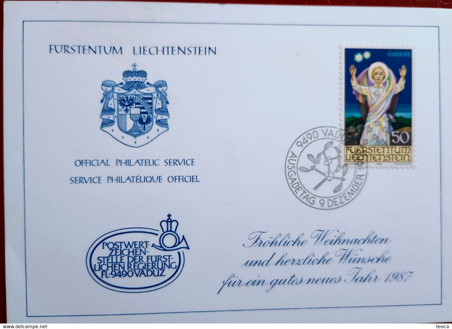Liechtenstein 1987 Christmas,  Coat Of Arms, Emblems,special Postmark Vaduz , Sevice Philatelic Officiel, Angel Gabriel - Cartas & Documentos