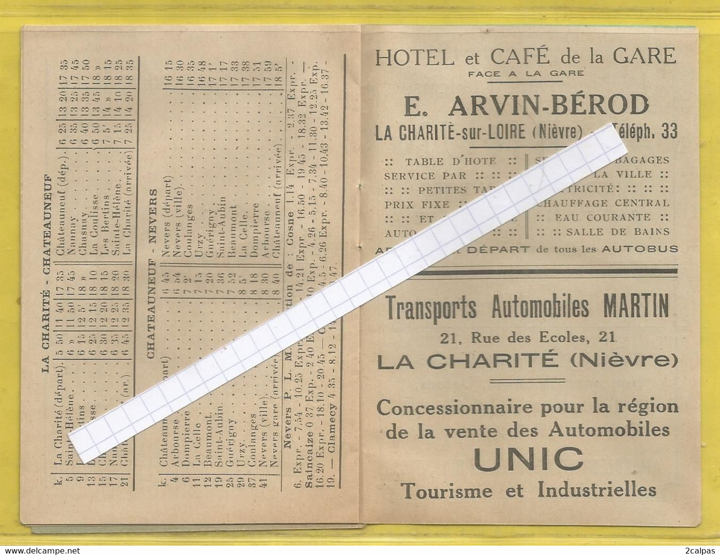 INDICATEUR HORAIRE DES TRANSPORTS AUTOMOBILES MARTIN NIEVRE CHER 1928 - charité sur loire ,